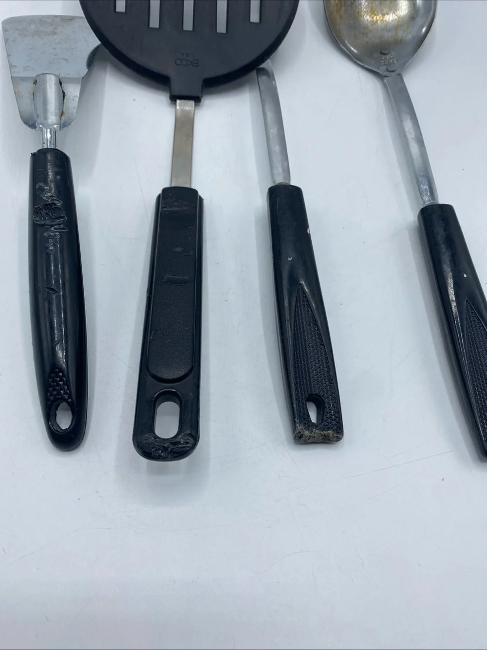 Vintage EKCO Stainless USA Kitchen Utensil Set 4 Black Handles Spatula Fork